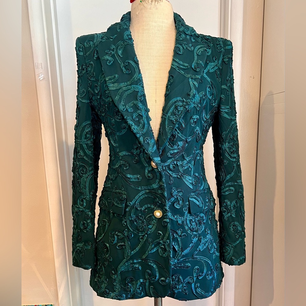 Women’s Zara duck green (teal) texture embroidered blazer